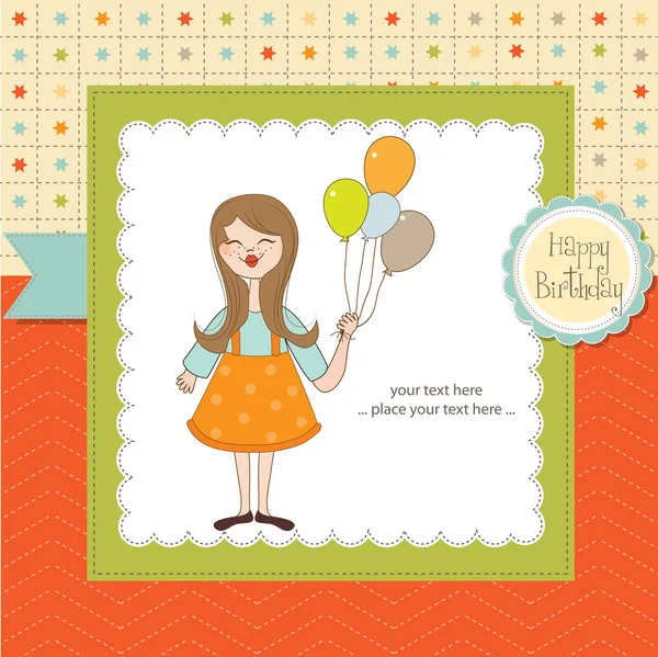 Menina com balão no cartão de aniversário — Fotografia de Stock