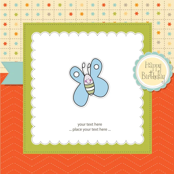 Novo cartão de anúncio do bebê com borboleta — Fotografia de Stock