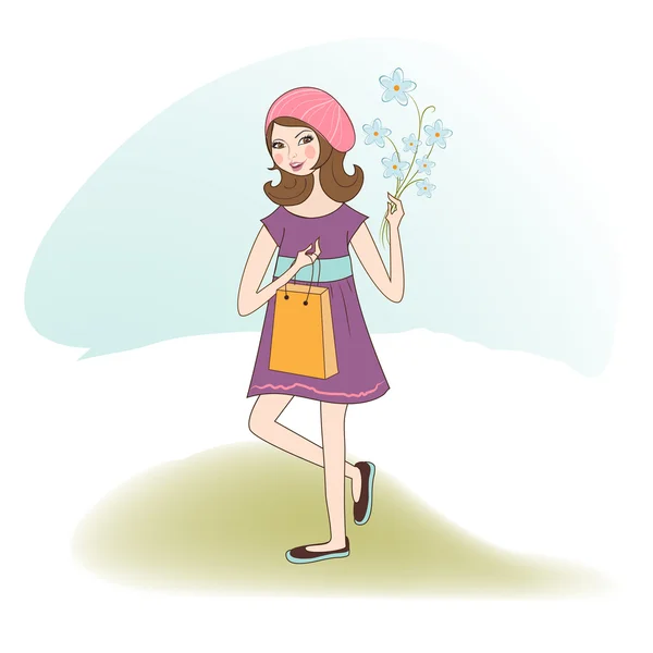 Красивая девушка с подарком и цветами. поздравительная открытка — стоковое фото