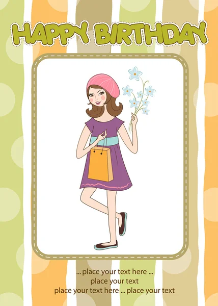 선물, 꽃과 예쁜 여자입니다. 생일 카드 — 스톡 사진