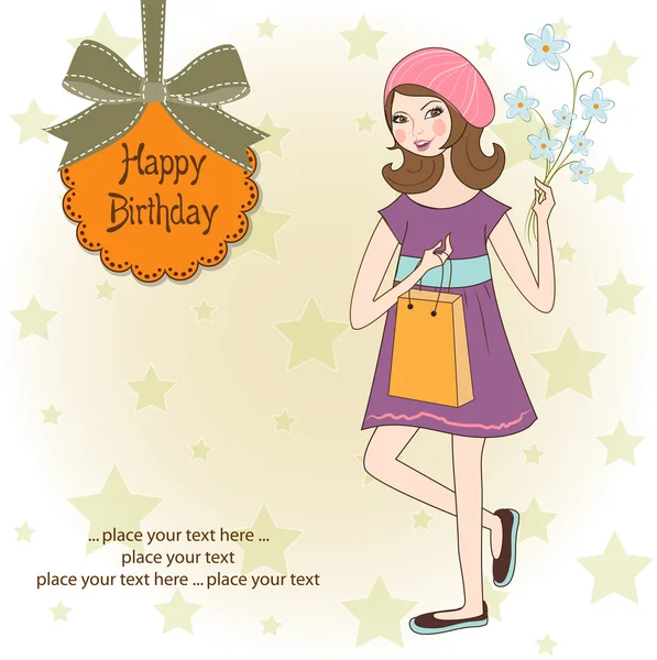 Menina bonita com presente e flores. cartão de aniversário — Fotografia de Stock