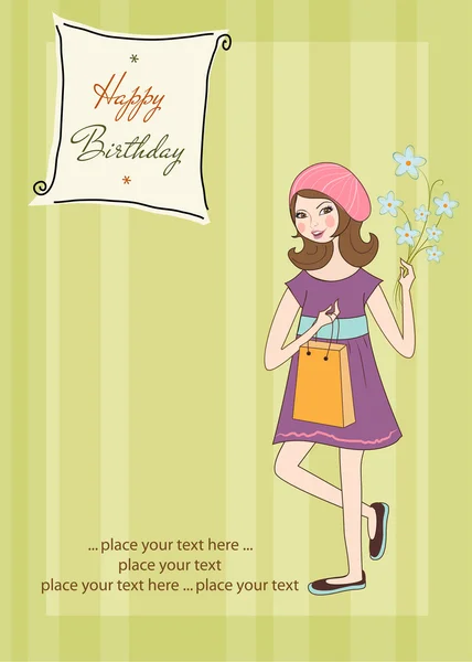 Pretty girl with gift and flowers. birthday card — Stock Photo, Image