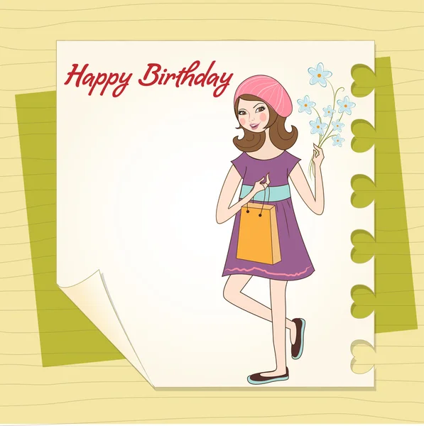 Csinos lány ajándék és virágok. születésnap kártya — Stock Fotó