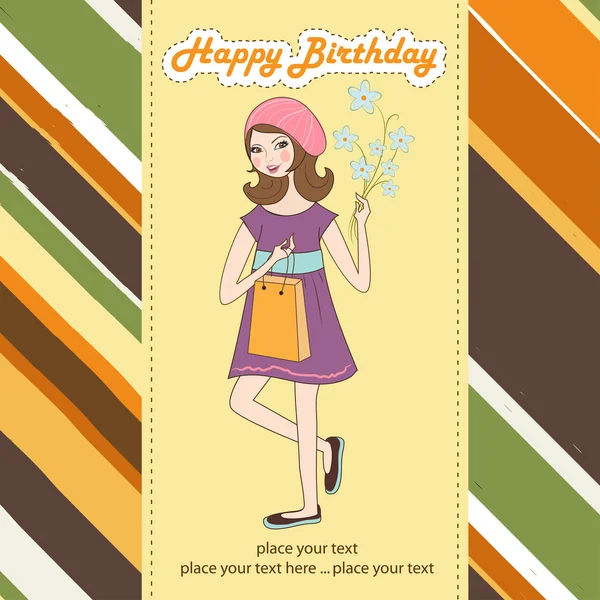 Gadis cantik dengan hadiah dan bunga. kartu ulang tahun — Stok Foto