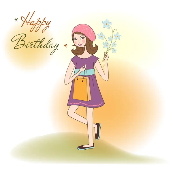 선물, 꽃과 예쁜 여자입니다. 생일 카드 — 스톡 사진