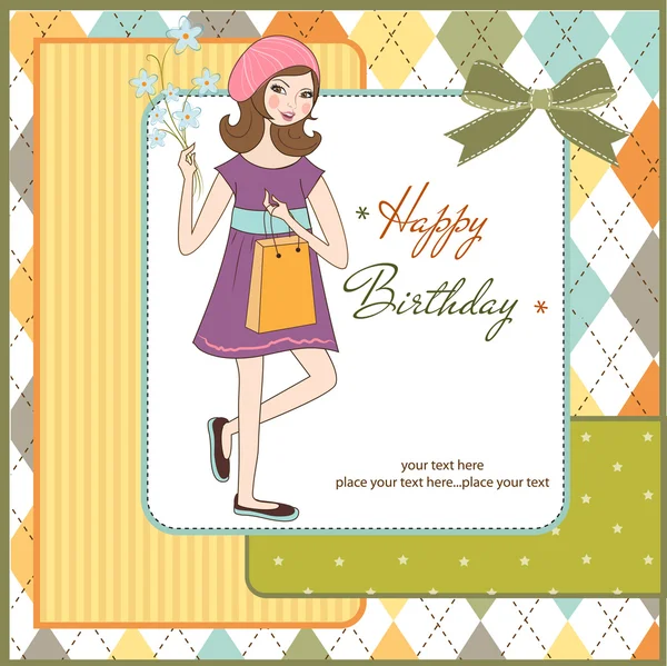Hübsches Mädchen mit Geschenk und Blumen. Geburtstagskarte — Stockfoto