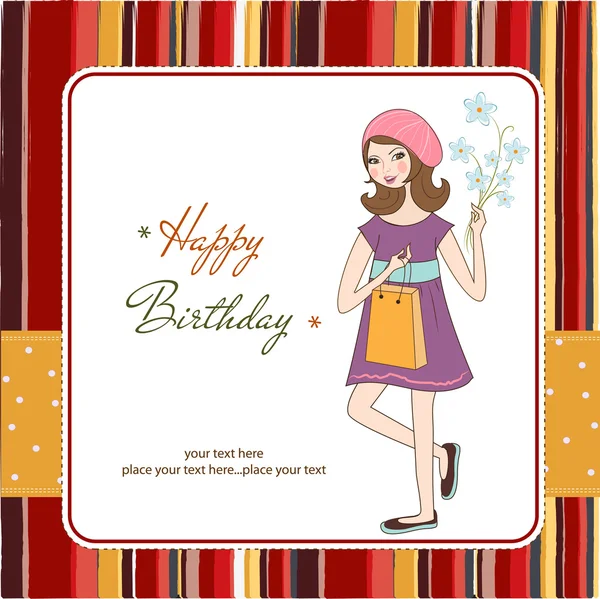 Csinos lány ajándék és virágok. születésnap kártya — Stock Fotó