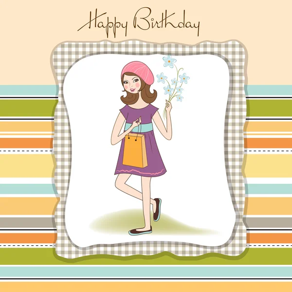 Pretty girl with gift and flowers. birthday card — Stock Photo, Image