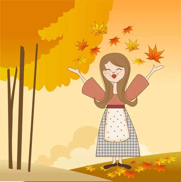 Podzimní dívka s jablky a dýně — Stock fotografie