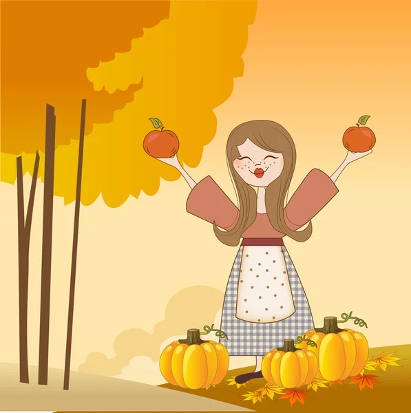 Hösten flicka med äpplen och pumpor — Stockfoto