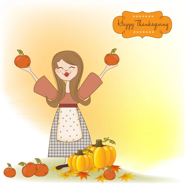 Herbst Mädchen mit Äpfeln und Kürbissen — Stockfoto
