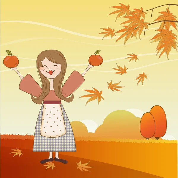 Autunno ragazza con mele e zucche — Foto Stock