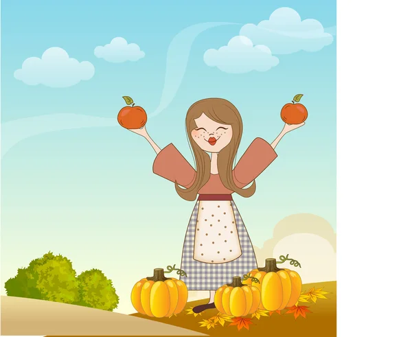 Herfst meisje met appelen en pompoenen — Stockfoto