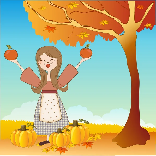 Menina de outono com maçãs e abóboras — Fotografia de Stock