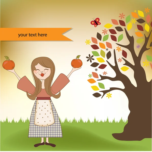 Herfst meisje met appelen en pompoenen — Stockfoto
