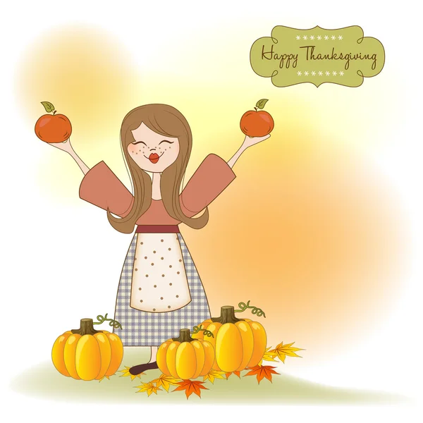 Jesienna dziewczyna z jabłka i dynie — Zdjęcie stockowe