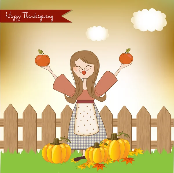 Осенняя девушка с яблоками и тыквами — стоковое фото