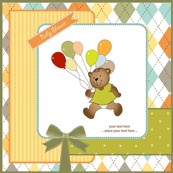 Oyuncak ayı ve balon ile yeni bebek duyuru kart — Stok fotoğraf