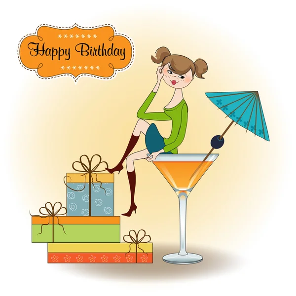 Attractive young girl sitting on the edge of a glass. Glamorous birthday ca