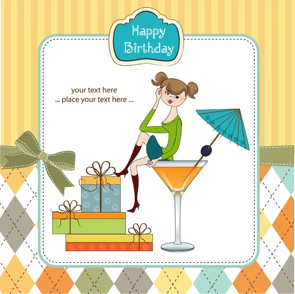 Attractive young girl sitting on the edge of a glass. Glamorous birthday ca — Stock Photo, Image