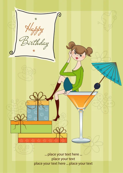 Attractive young girl sitting on the edge of a glass. Glamorous birthday ca — Stock Photo, Image