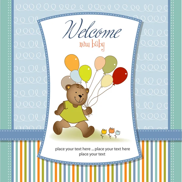 Nya baby tillkännagivande kort med Nalle och ballonger — Stockfoto