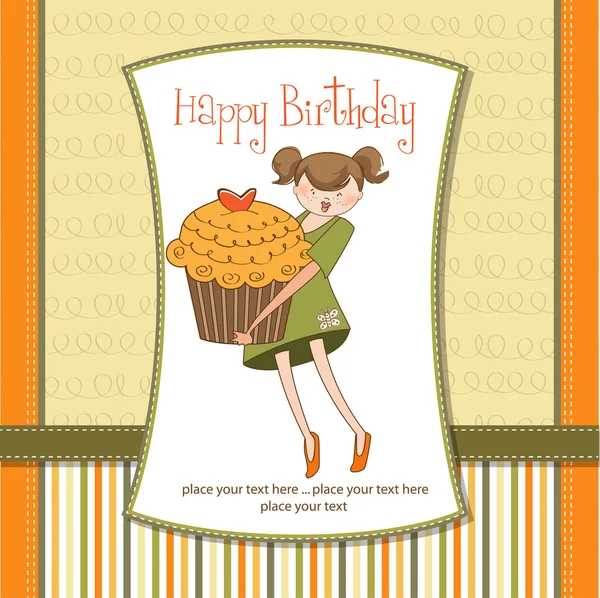 Gelukkige verjaardagskaart met meisje en cupcake — Stockfoto