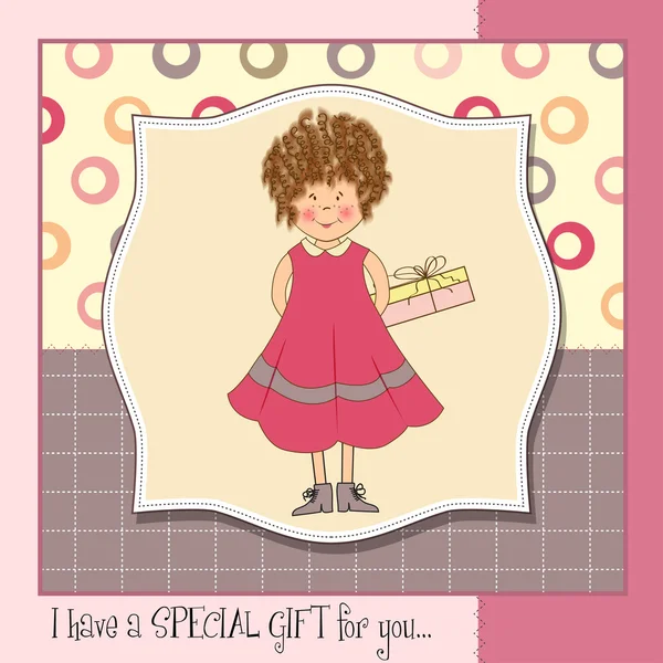 Curly young girl she hide a gift — Stock Photo, Image