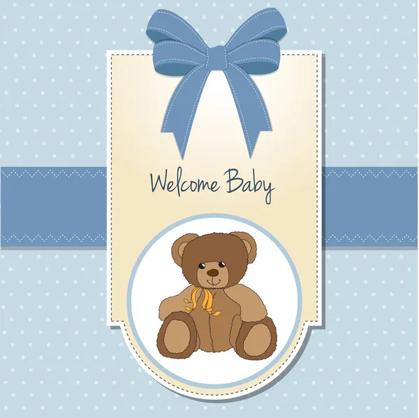 Baby boy cartão de boas-vindas com ursinho de pelúcia — Fotografia de Stock