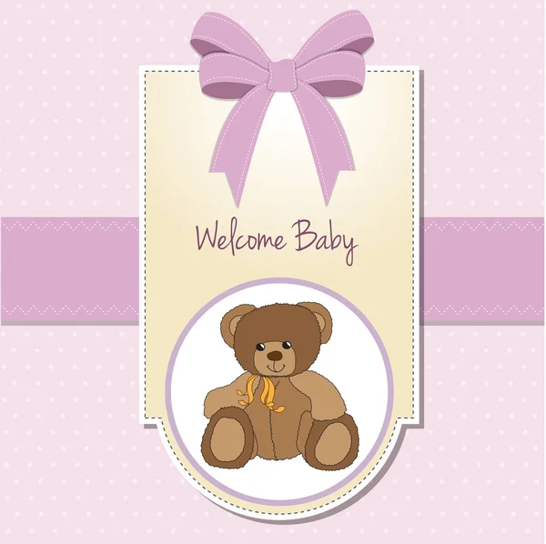 Oyuncak ayı ile bebek kız hoş geldiniz kartı — Stok fotoğraf