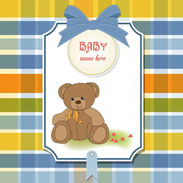 Novo cartão de anúncio do bebê com ursinho de pelúcia — Fotografia de Stock
