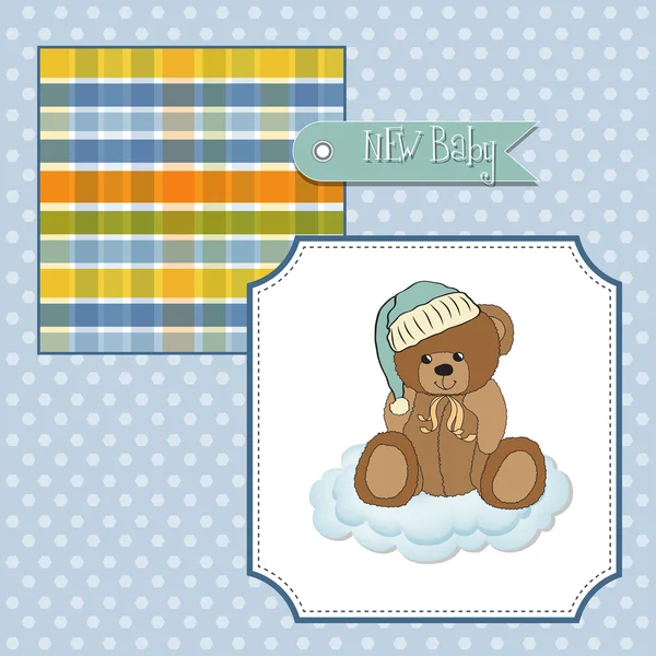 Tarjeta de felicitación del bebé con oso de peluche soñoliento —  Fotos de Stock