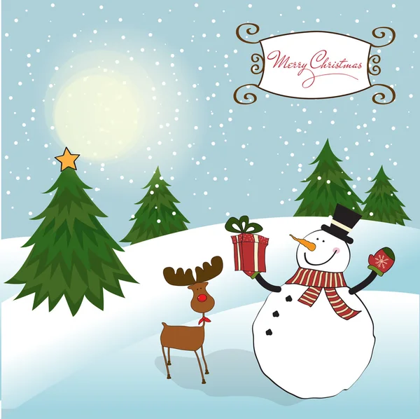 Cartão de felicitações de Natal com boneco de neve — Fotografia de Stock