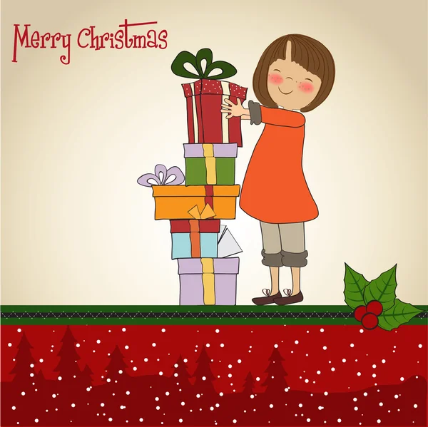 Mooi jong meisje met een veel van de kerst geschenk doos — Stockfoto