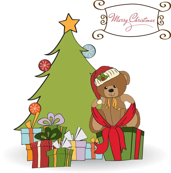 Urso de pelúcia bonito com uma grande caixa de presente de Natal — Fotografia de Stock