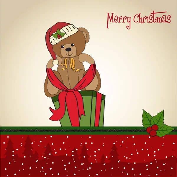 Милий плюшевий ведмедик з великою різдвяною подарунковою коробкою — стокове фото