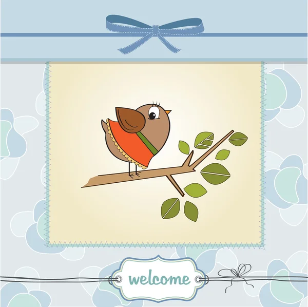 Cartão de boas-vindas do bebê com pássaro pequeno engraçado — Fotografia de Stock