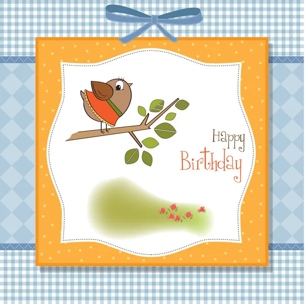 मजेदार छोटे पक्षी के साथ जन्मदिन ग्रीटिंग कार्ड — स्टॉक फ़ोटो, इमेज