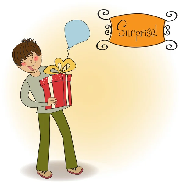 Birthday card with boy and big gift box — Stock Photo, Image