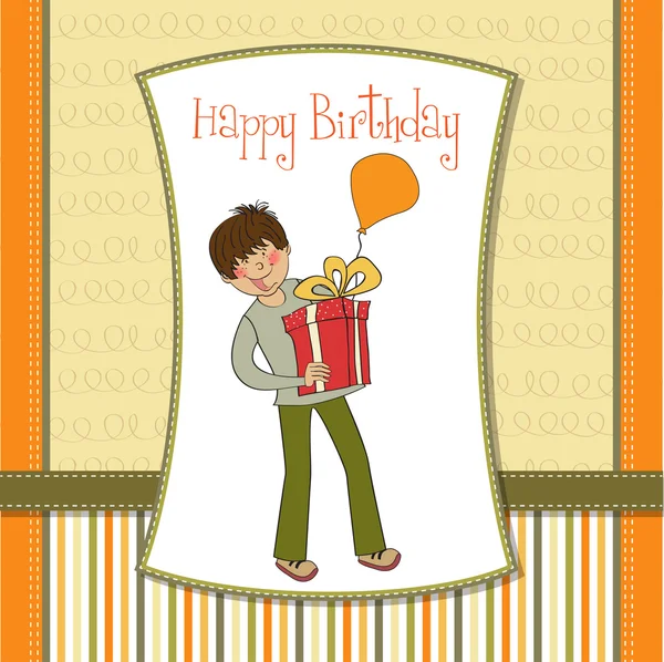 Cartão de aniversário com menino e caixa de presente grande — Fotografia de Stock