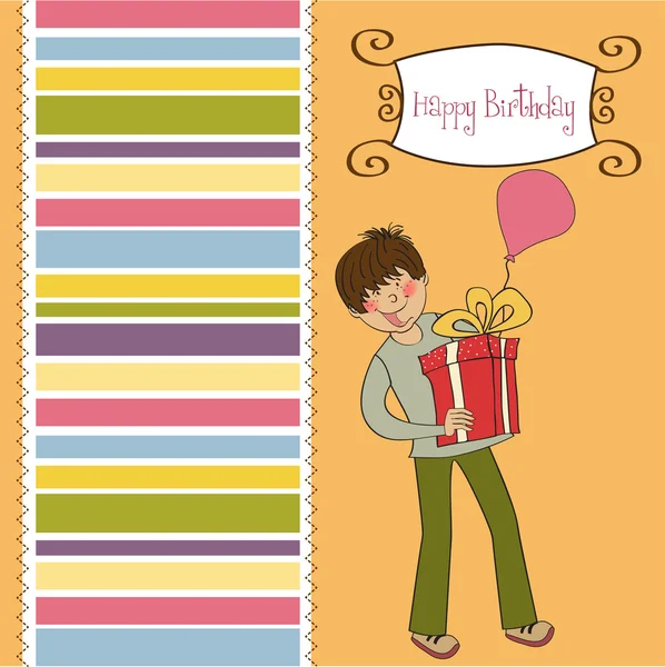 Cartão de aniversário com menino e caixa de presente grande — Fotografia de Stock