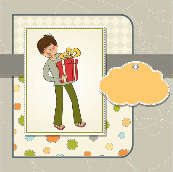 Κάρτα γενεθλίων με αγόρι και μεγάλο κουτί δώρου — Φωτογραφία Αρχείου