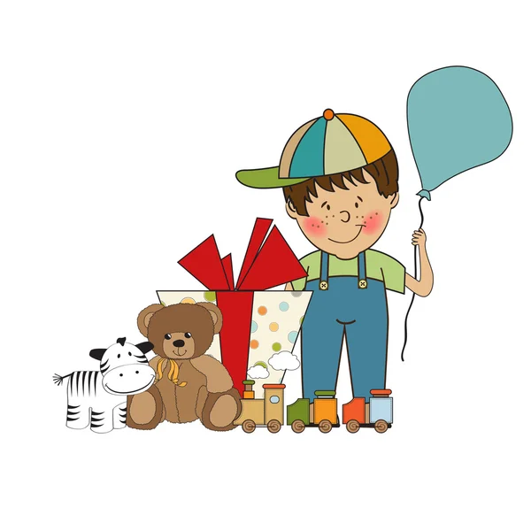 Вітальна листівка на день народження з маленьким хлопчиком і подарунками — стокове фото