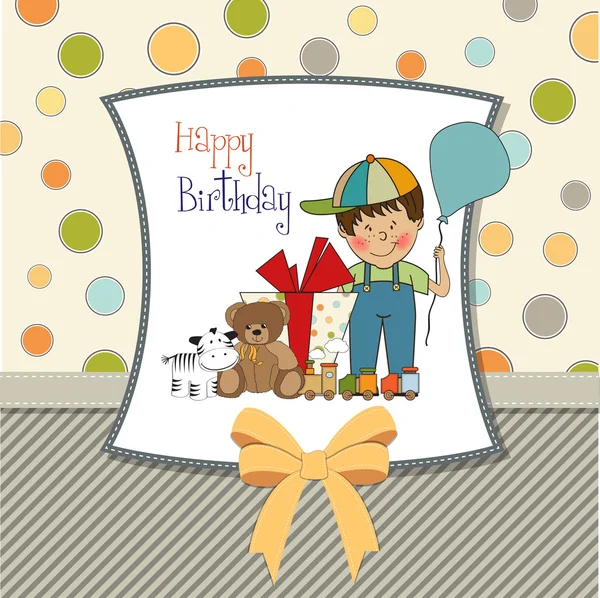 Ευχετήρια κάρτα γενεθλίων με μικρό αγόρι και δώρα — Φωτογραφία Αρχείου