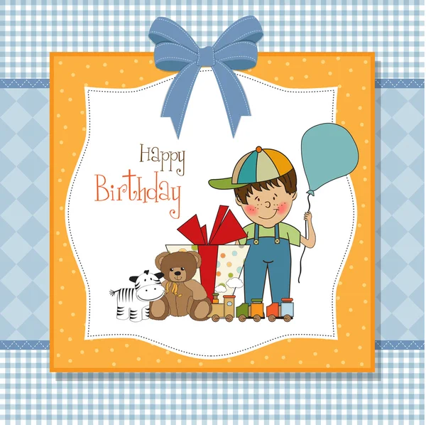 Verjaardagskaart met kleine jongen en cadeautjes — Stockfoto