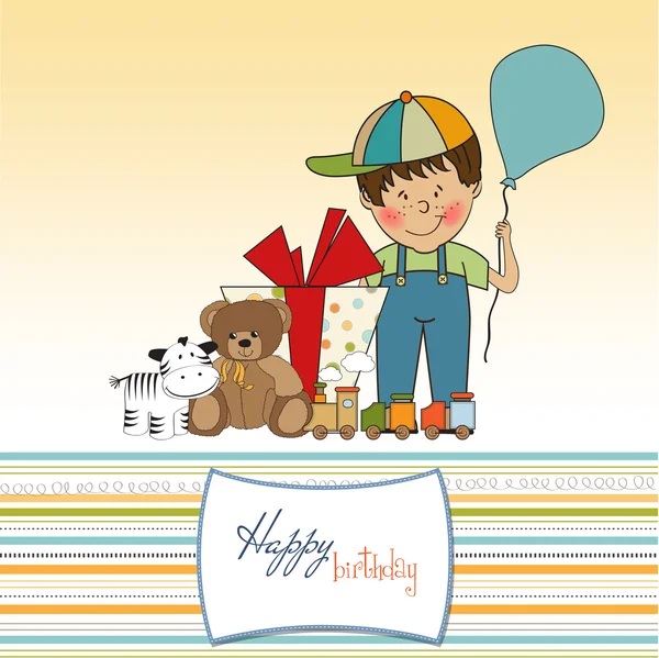 Birthday greeting card with little boy and presents — Stock Photo, Image