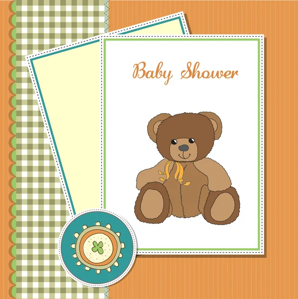 Tarjeta de felicitación del bebé con oso de peluche soñoliento —  Fotos de Stock