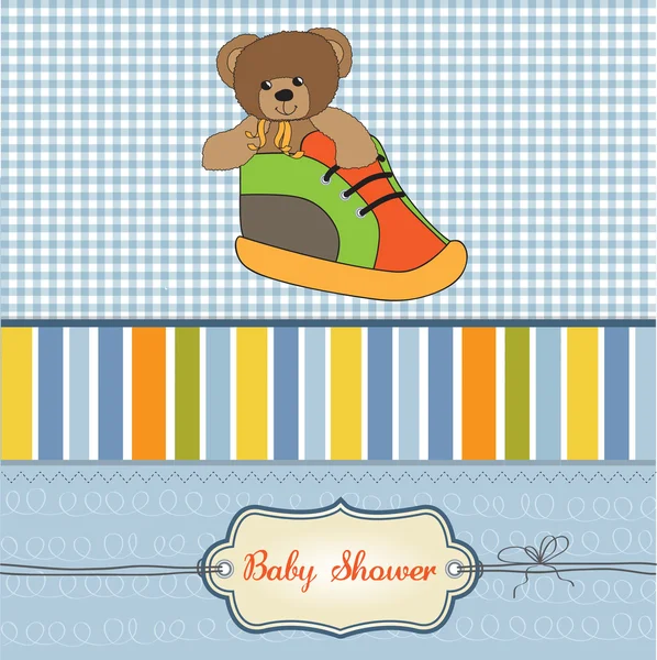 Baby shower card with teddy bear hidden in a shoe — Stock Photo, Image