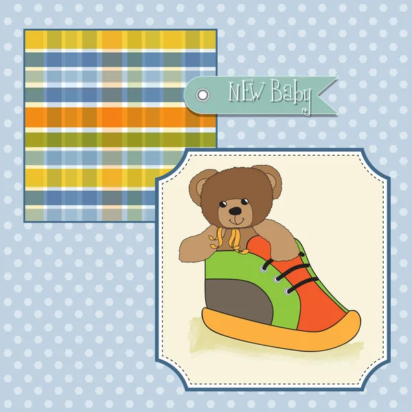 婴儿淋浴卡，鞋里藏着泰迪熊 — 图库照片