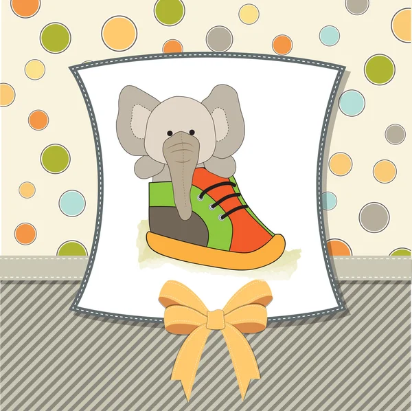 Baby shower card with teddy bear hidden in a shoe — Stock Photo, Image